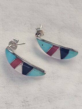 Vintage Zuni Artisan Earrings | Handcrafted Sterling Silver & Multi-Stone Inlay